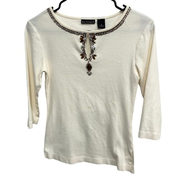Bay Studio Womens Beaded Embellished Top Small Ivory 3/4 Sleeve 100% Cotton - Picture 1 of 10